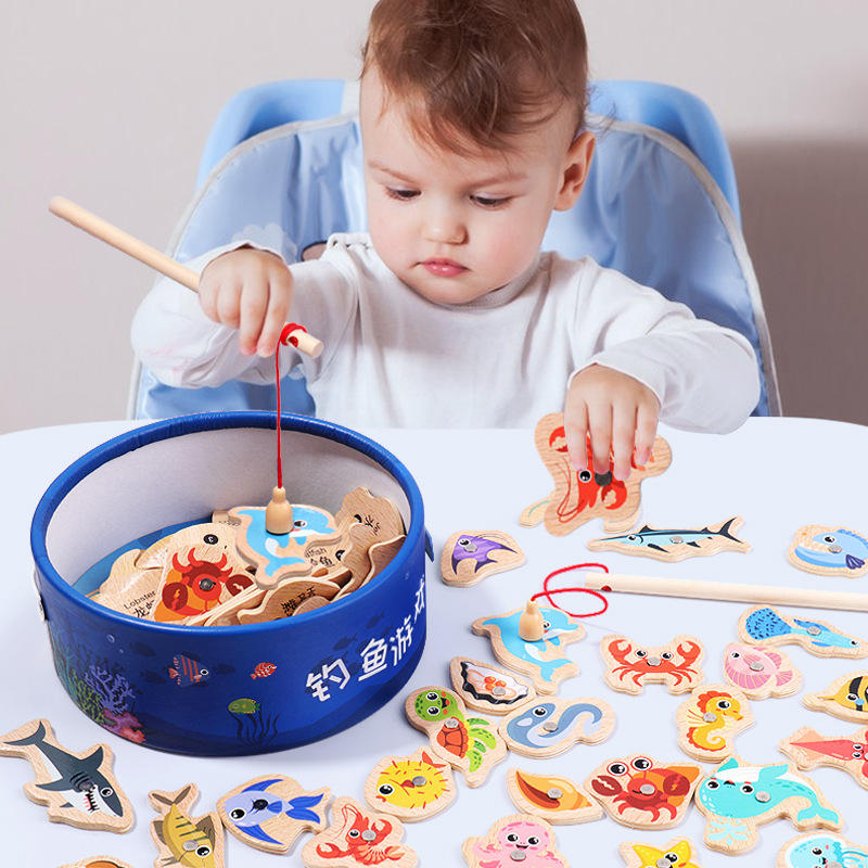 Fishing Equipment For Kids - 木製磁気釣りおもちゃ子供用海洋生物認知魚ゲーム赤ちゃん早期教育親子インタラクティブおもちゃ