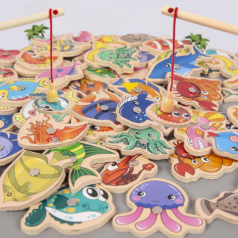 Fishing Equipment For Kids - 磁気釣りおもちゃゲームセット子供のためのモンテッソーリ木製漫画釣竿知育玩具誕生日パーティー幼児ギフト