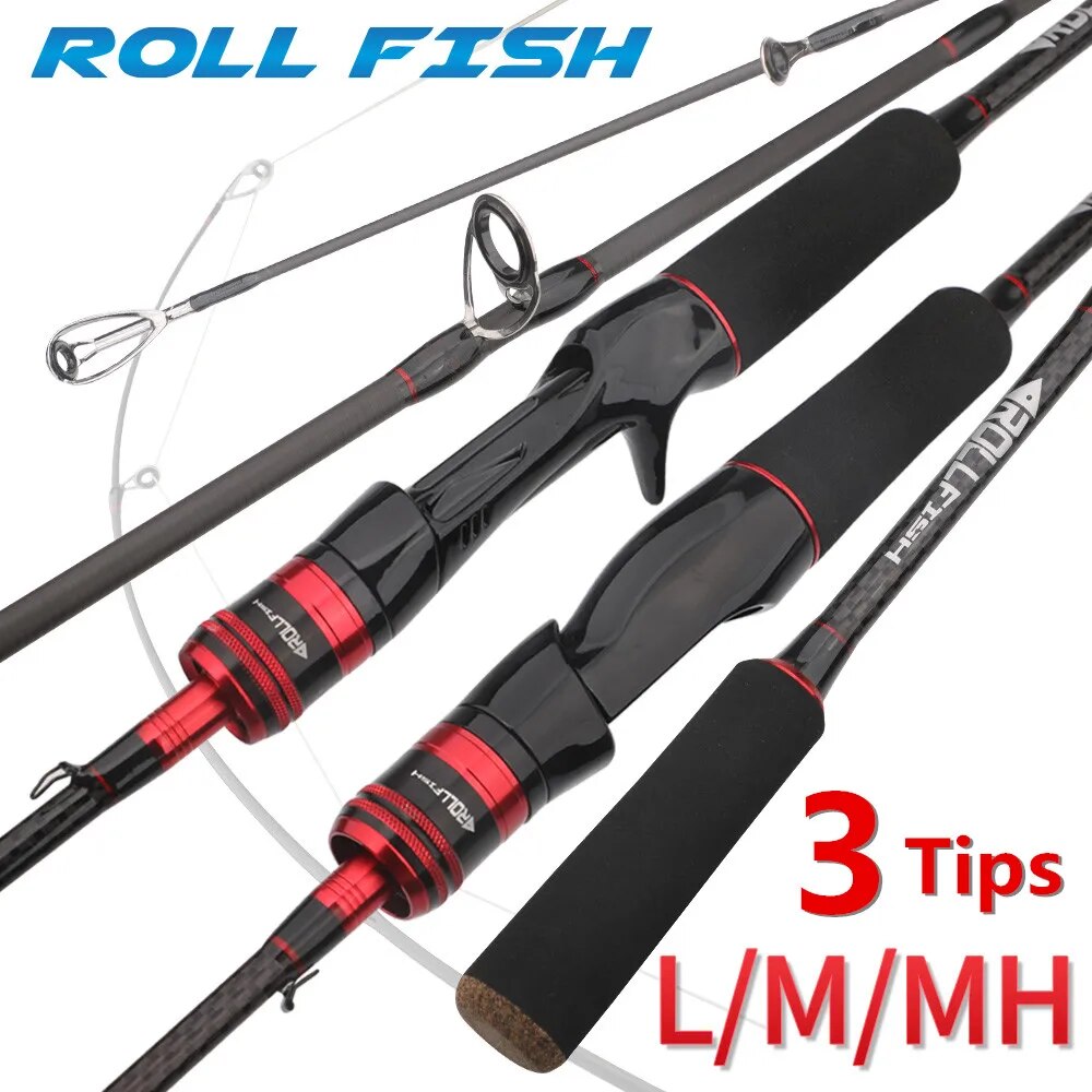 Fishing Equipment Brands - Rollfish-スピニングおよびベイトキャスティングフィッシングロッド,カーボンファイバー,3つのヒント,l,m,mh,淡水,塩水,低音,1.68〜2.7m