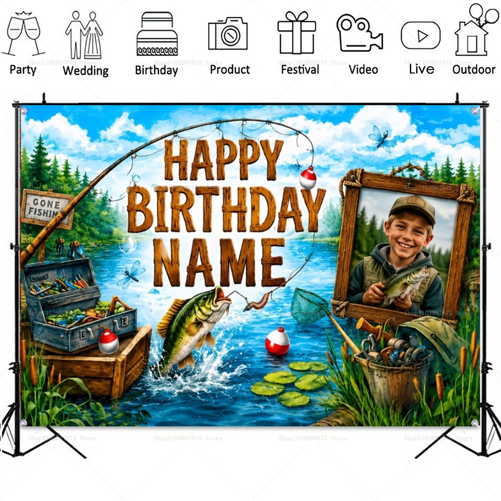 カスタム名写真釣りをテーマにした背景幕子供の誕生日「ゴーンフ - Fishing Equipment For Kids のレビューと価格