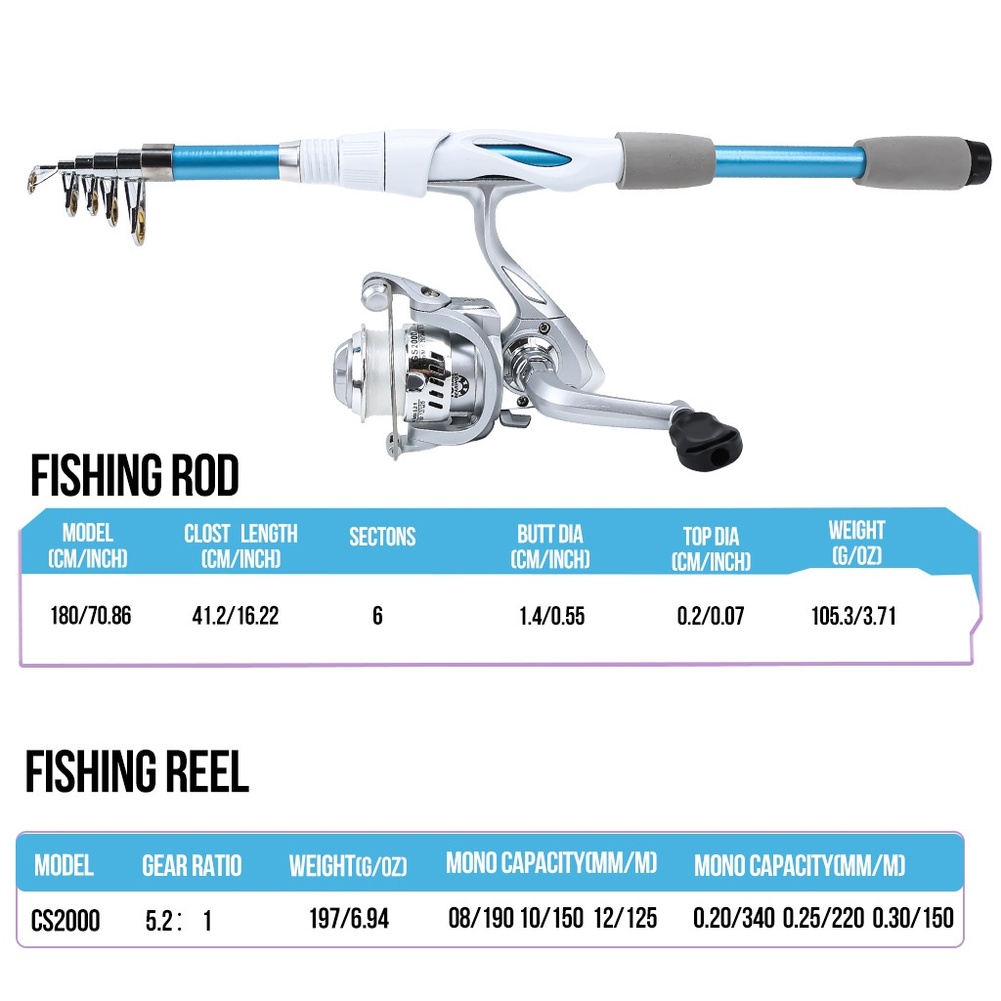 青白1.8M釣り竿リールコンボセット、タックルボックス、14 - Fishing Equipment For Kids のレビューと価格